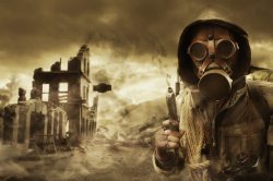 大气污染戴防毒面罩的生化战士高清图片