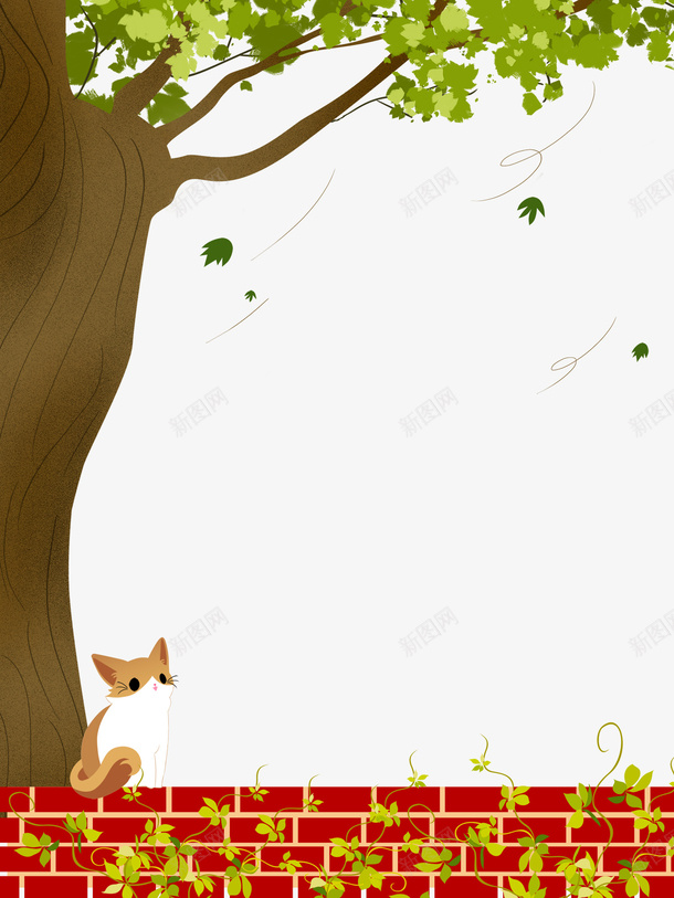 卡通树下发呆的猫png免抠素材_88icon https://88icon.com 卡通 围墙 树下发呆的猫 树叶装饰 绿色植物 藤蔓