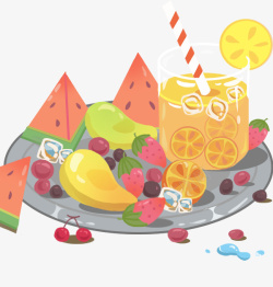 果盘插图手绘夏至装饰插图新鲜水果果汁高清图片