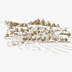 农耕线稿村庄牧场速写高清图片