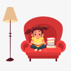 卡通手绘坐在沙发上看书的小女孩素材