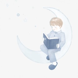 熬夜工作坐在月亮上看书的男孩高清图片