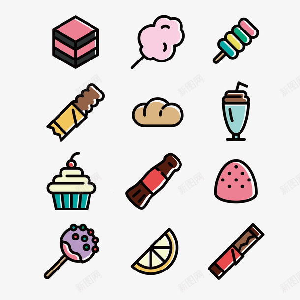 创意食物手绘手帐元素矢量图eps免抠素材_88icon https://88icon.com 可乐 巧克力 手帐 手帐贴纸 手绘 柠檬 棉花糖 汽水 矢量图 蛋糕 面包 食物