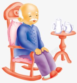 摇摇卡通老人坐在摇摇椅上喝茶高清图片