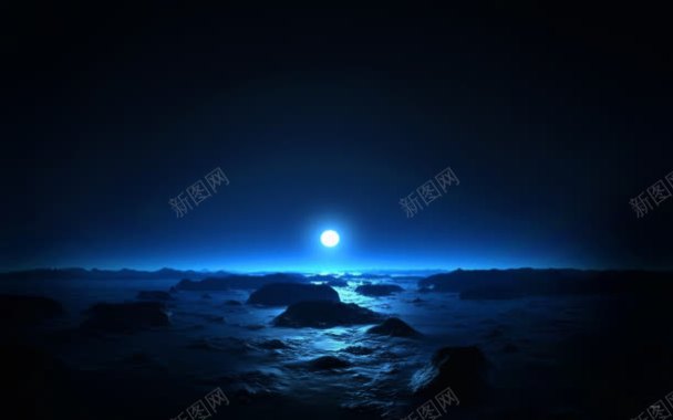 蓝色月光海面礁石海报背景神秘背景