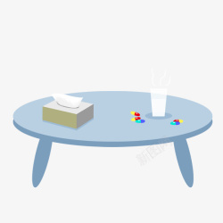 卡通手绘桌子上的药和水杯素材