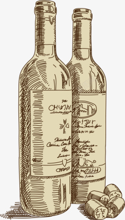 两瓶手绘速写红酒葡萄酒元素素材