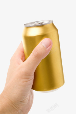 手拿着金色反光的饮料金属罐子实素材