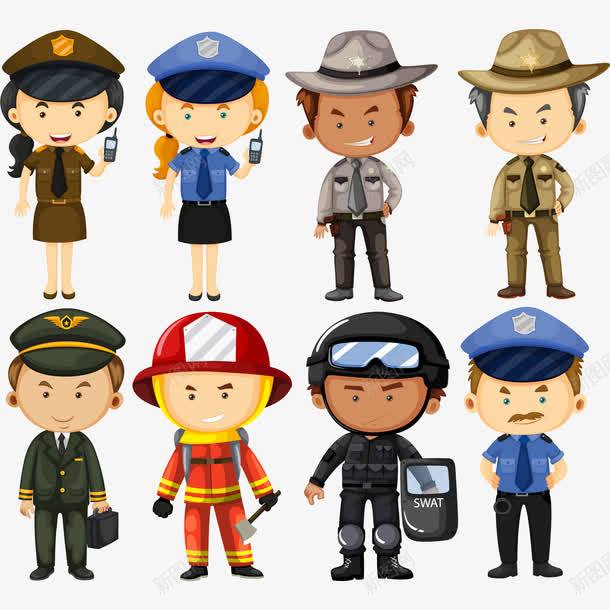 穿着工作制服的人矢量图eps免抠素材_88icon https://88icon.com 保安 保安员 卡通人物 卡通消防员救援 工作制服 开心的人 微笑 消防员 特战员 矢量图 警察