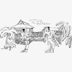 竹楼手绘傣族生活高清图片