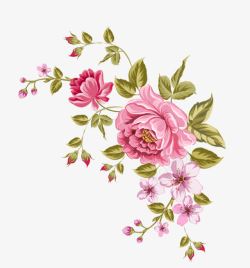 粉色手绘花朵绿叶装饰图案素材