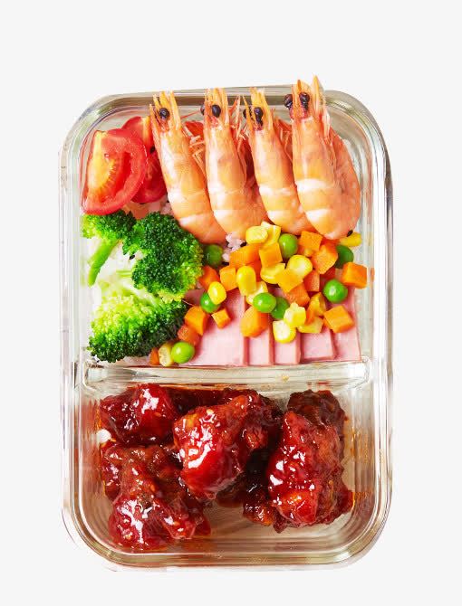 丰富食材便当png免抠素材_88icon https://88icon.com 大虾鸡肉 实拍便当 实拍午餐 玻璃盒 玻璃盒里的菜 美味食材