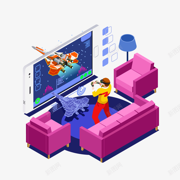 在家玩游戏男孩png免抠素材_88icon https://88icon.com 卡通人物 可视化大屏 玩游戏 电脑屏幕 紫色沙发 背景装饰