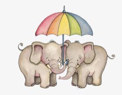 伞下打彩虹伞的大象高清图片