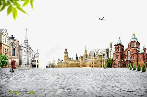 欧洲旅游城市风景元素psd免抠素材_88icon https://88icon.com 天上的飞机 房子 欧洲旅游城市风景元素 马路 魅力城市