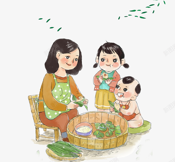 手绘包粽子插画png免抠素材_88icon https://88icon.com 中国传统节日 包粽子 小孩 手绘 插画 母亲 端午节