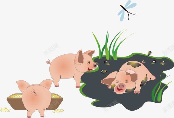 卡通可爱农场猪圈png免抠素材_88icon https://88icon.com 卡通农庄 卡通手绘 可爱的小猪 吃食的小猪 平面装饰 猪圈 矢量装饰