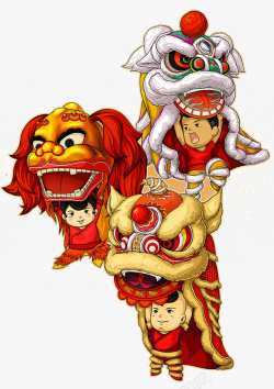 彩绘狮子头福娃和舞狮表演简图高清图片