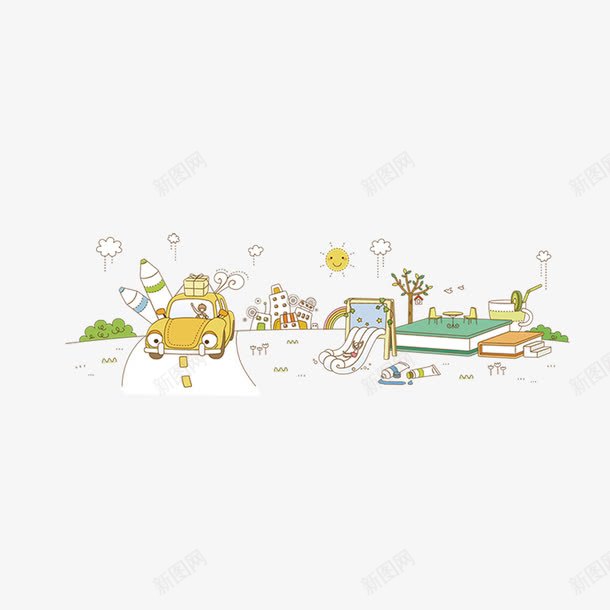 小汽车卡通png免抠素材_88icon https://88icon.com 卡通 大街 小汽车 手绘 树木 楼房 简图 黄色的