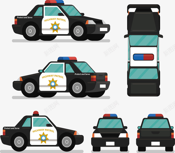 黑白色警车矢量图ai免抠素材_88icon https://88icon.com 交通工具 矢量png 维护治安 警察 警车 黑白色 矢量图