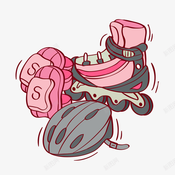 轮滑套装png免抠素材_88icon https://88icon.com 卡通手绘 可爱 护膝 灰色 粉色 轮滑头盔 轮滑鞋