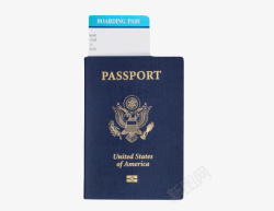 蓝色美国护照夹着机票实物素材