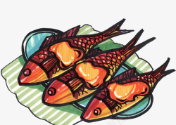 彩色手绘一盘烤鱼图案素材