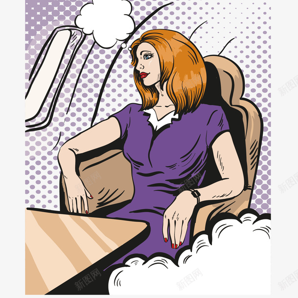 坐飞机的女人欧美卡通png免抠素材_88icon https://88icon.com 出行 卡通 女人 对话框 欧美风 波普风格 紫色波点 飞机