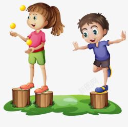 小孩玩兵乓球和单脚站立素材