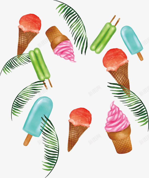 水彩夏日植物冰激凌冷饮矢量图ai免抠素材_88icon https://88icon.com 冰激凌 冷饮 叶子 夏日 大叶子 挂画 树叶子 油画 海报 热带叶子 热带雨林 芭蕉 花草 西瓜 设计 矢量图