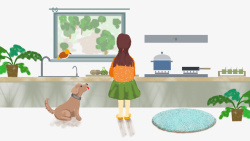 做饭卡通手绘在厨房里做饭的女孩高清图片
