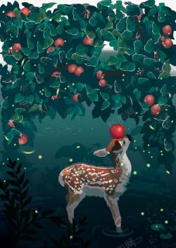 手绘苹果树梅花鹿背景图案素材