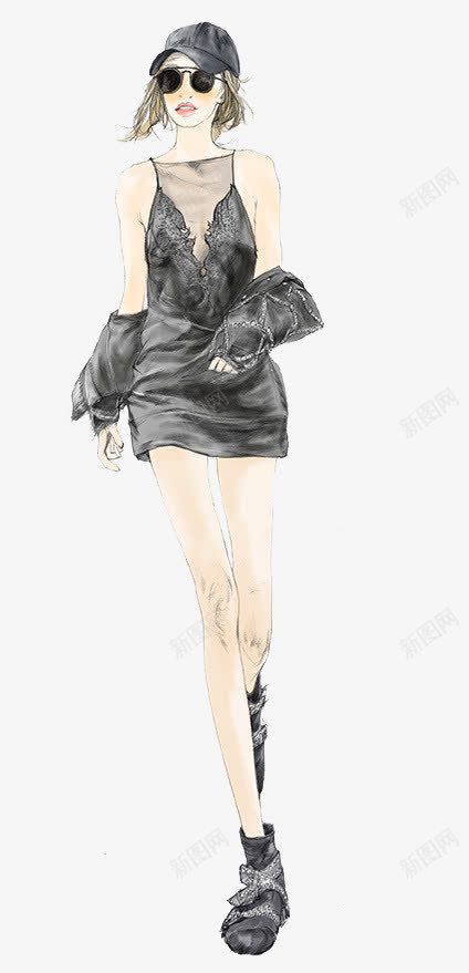 模特png免抠素材_88icon https://88icon.com 手绘女孩 时装设计 服装 黑裙子