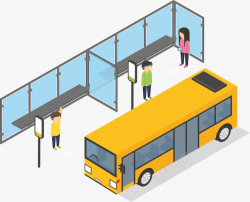 黄色公交车站等车的人矢量图素材