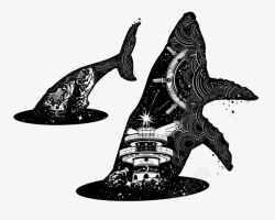 大鲸鱼黑白花臂图案素材