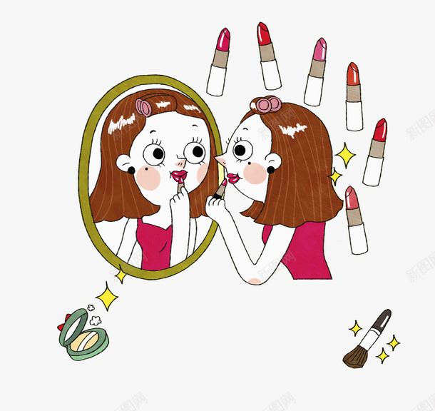 涂口红的女人png免抠素材_88icon https://88icon.com 口红 女人 毛刷 漂亮的 照镜子 粉底 红色的 美妆 镜子 镜子里的人