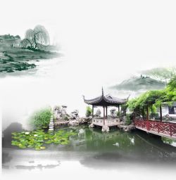 中国风绿水古宅背景素材