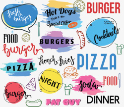 汉堡披萨彩色笔刷快餐店标签矢量图高清图片