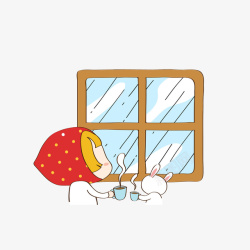 喝茶女孩卡通喝着茶看着窗外的女孩和兔子高清图片