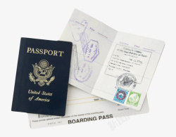 蓝色美国护照压着翻开的护照实物素材