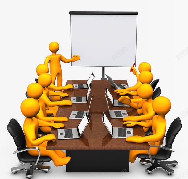 会议室中开会的黄色卡通小人png免抠素材_88icon https://88icon.com 会议室 会议桌 卡通小人 白色幕布 白色电脑 转椅 黄色