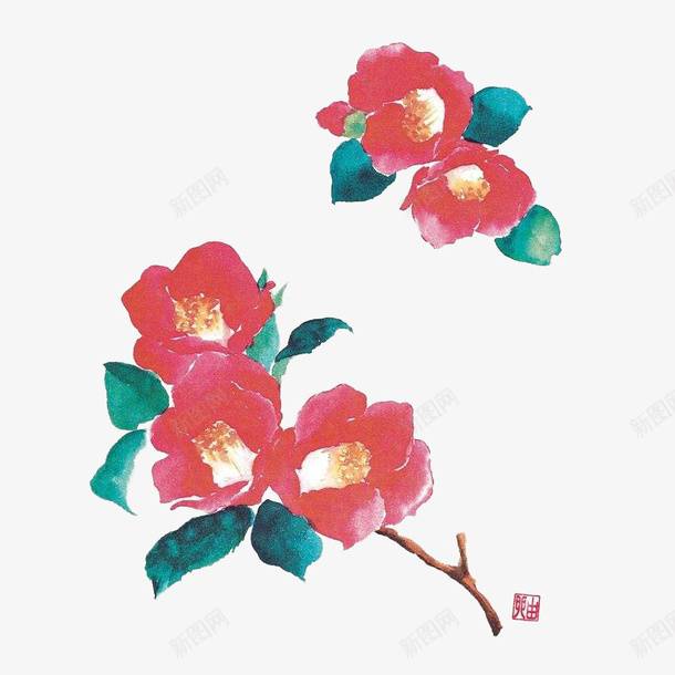 水墨中国风红茶花png免抠素材_88icon https://88icon.com 中国风 山茶花 插画 水墨 红茶花 花朵 茶籽花 茶花 设计