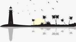海边灯塔剪影海鸥椰树矢量图素材