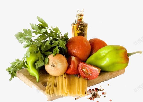 砧板上的食材png免抠素材_88icon https://88icon.com 意大利面 橄榄油 洋葱 番茄 砧板 蔬菜 西红柿 辣椒 青椒 青菜 食材 食用油