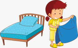 儿童床起床叠被子的小女孩矢量图高清图片