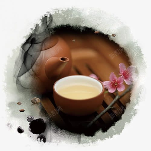 茶景png免抠素材_88icon https://88icon.com 喝茶 墨色晕染 砂壶 粉色花朵 装饰图 黑色墨圈