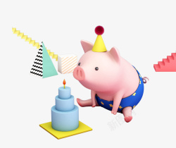 吹蛋糕吹蜡烛的立体小猪高清图片