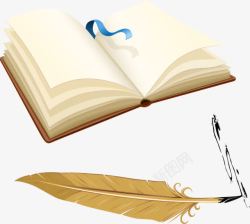 手绘书本装饰羽毛笔素材
