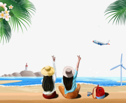 卡通手绘夏季坐在沙滩上的两个女素材
