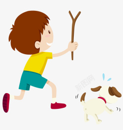 坐着卡通背影小朋友手绘拿树枝的小男孩背影和狗矢量图高清图片
